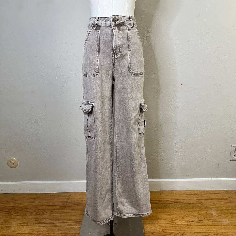 Disclosure Cargo Pants Wide Leg Women Size 7/28 Grey Acid Wash High Rise Utility
